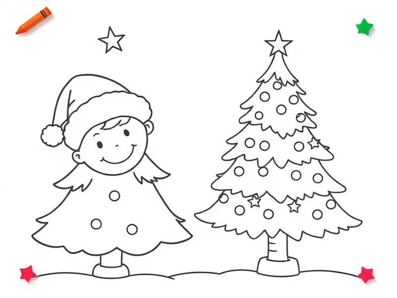 Christmas coloring page thumbnail with a child and decorated tree