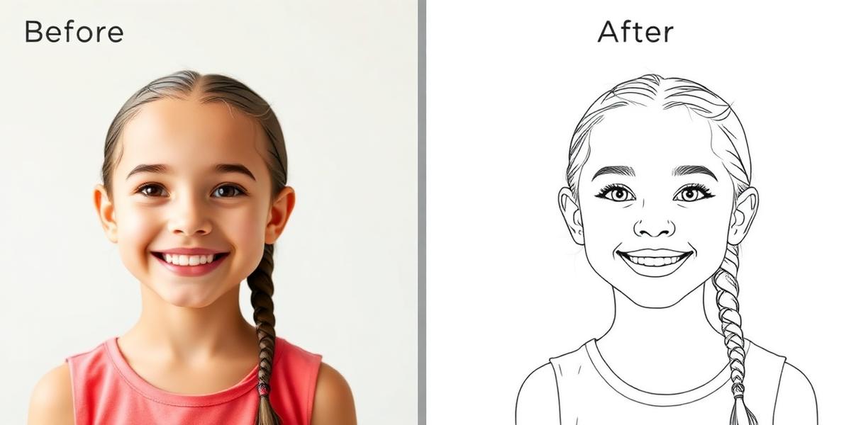 Before and after: a girl's portrait photo turned into a coloring page