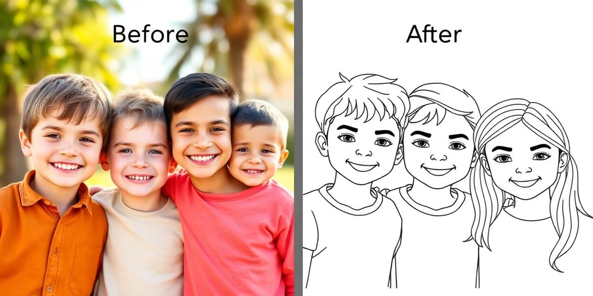 Before and after: a group of siblings photo turned into a coloring page