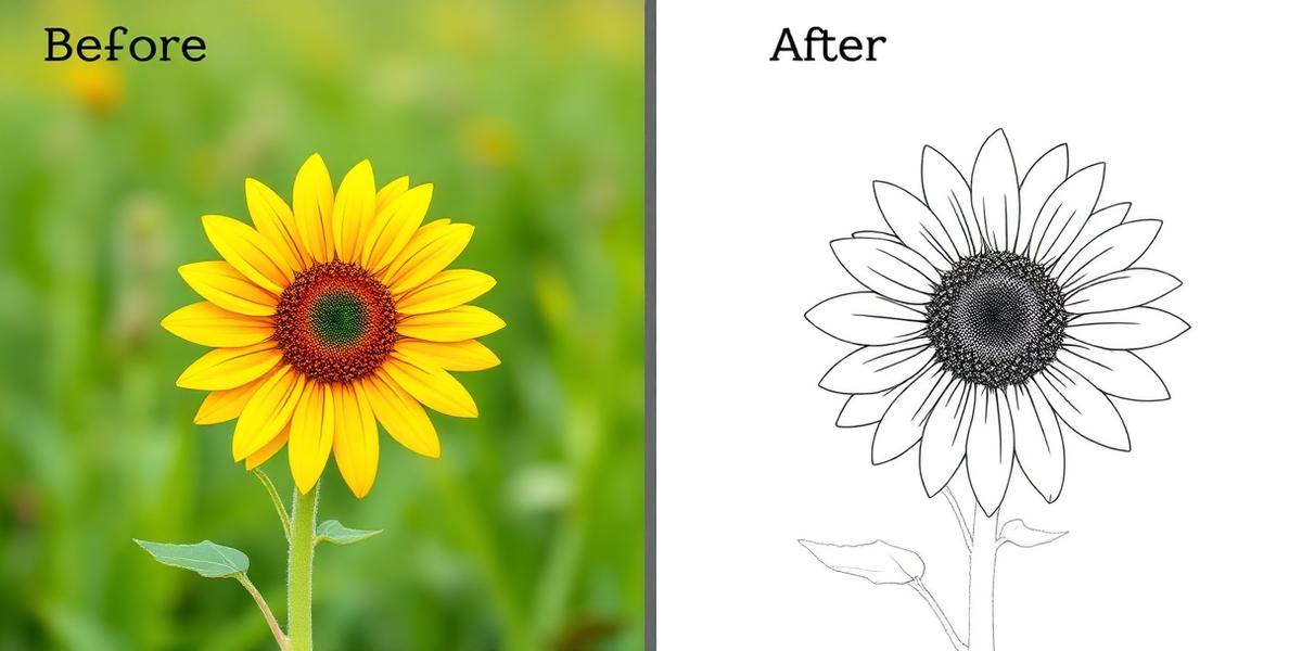 Before and after: a sunflower photo turned into a coloring page