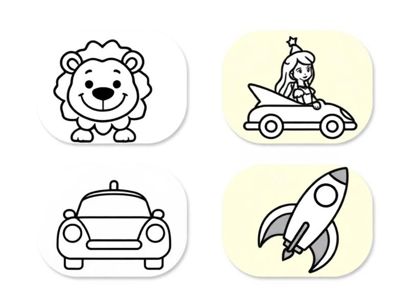 Coloring page category tiles: lion, princess, car, rocket