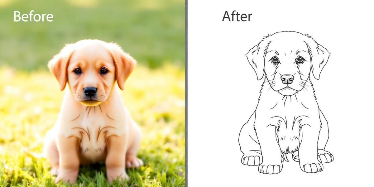 Before and after: a golden retriever puppy photo turned into a coloring page